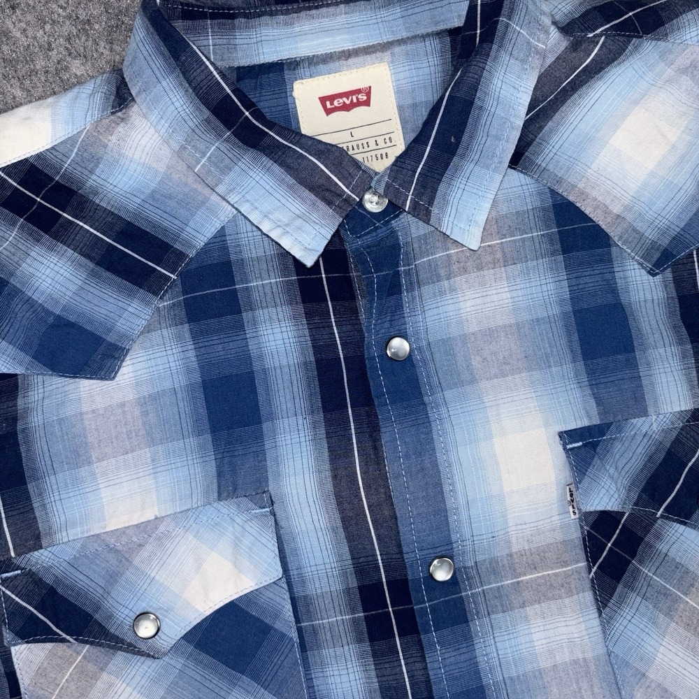 Levi's Pearl Snap Shirt Mens Large Blue Plaid Western Short Sleeve Button Down